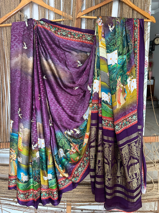 PURPLE PICHWAI MODAL SILK PATOLA PRINT SARI WITH ZARI BORDER PMS- 1047