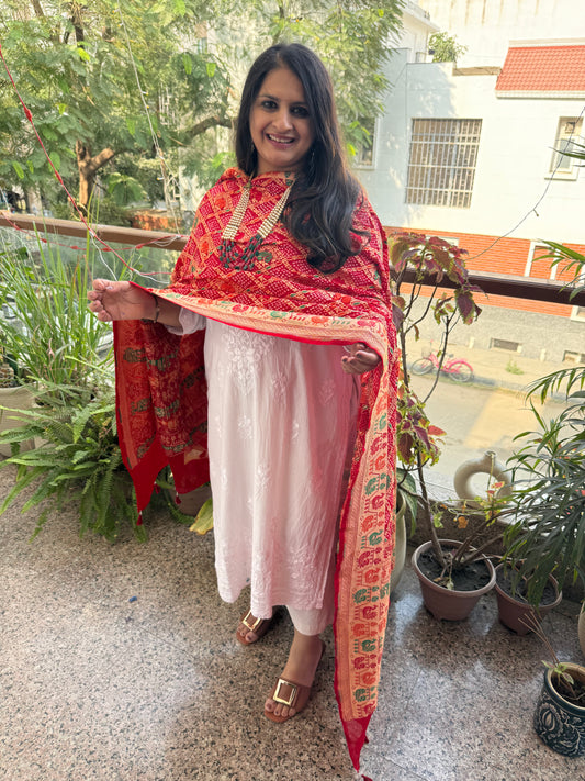 Red Handwoven Bareek Bandhani in Meenakari Jaal Premium Georgette dupatta