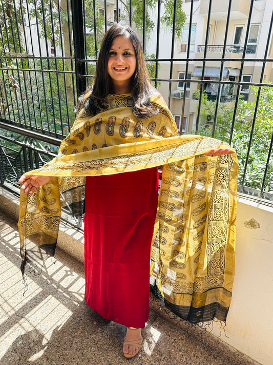 MAROON MODAL SILK KURTA WITH CHANDERI COIN BUTTI HANDCRAFTED CHANDERI SILK DUPATTA WITH ZARI BORDER