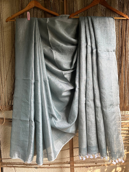 SILVER TISSUE LINEN ZARI SARI WITH WOVEN YELLOW BORDER TL-36