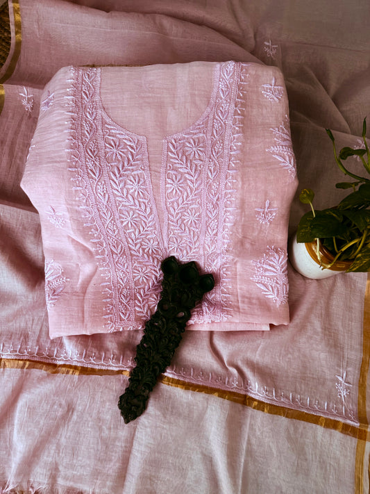 POWERFUFF PINK PREMIUM MULL CHANDERI LUCKNOWI CHICKENKARI HAND EMBROIDERY THREE PIECE SUIT