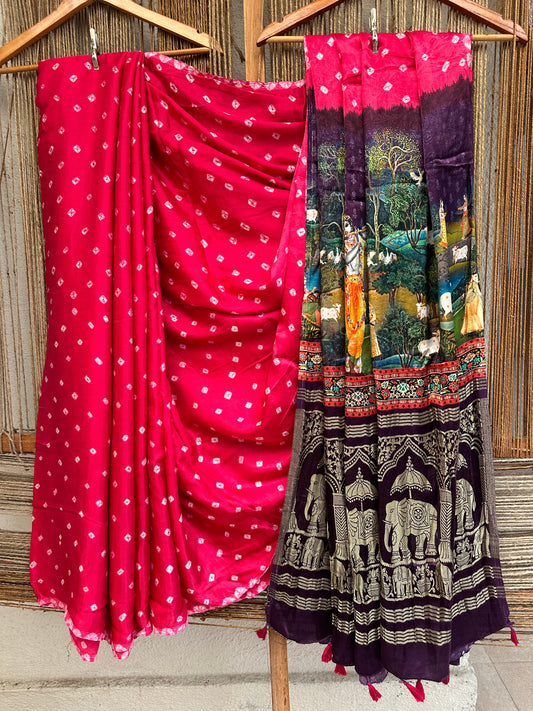 MAGENTA PINK MODAL SILK BANDHANI SARI WITH PICHWAI PRINT Sari BPS 8