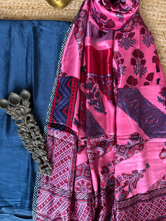 Blue mashru silk kurta with ajrakh patchwork handcrafted modal silk dupatta pwk-24