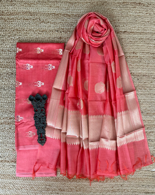 Watermelon Pink chanderi handloom banarsi booti three piece suit