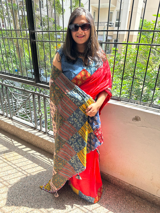 RED PINK PATCH WORK AJRAKH HAND CRAFTED MULL SAREE
