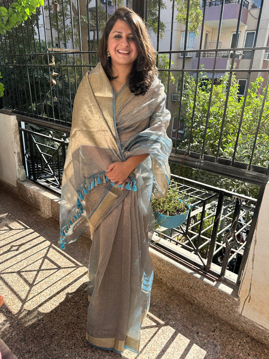 Air force blue banarasi zari crushed tissue sari