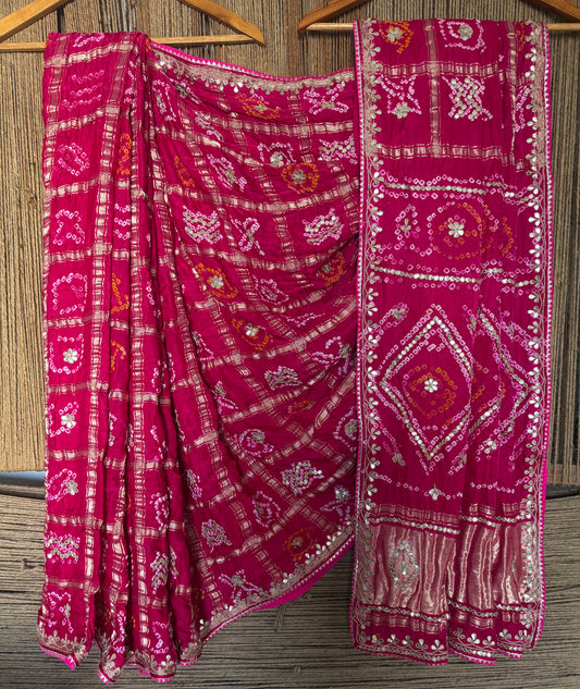 DEEP PINK RAI BANDHANI GHARCHOLA GAJJI SILK SARI WITH HANDEMBROIDERY GOTTA PATTI BS- 405