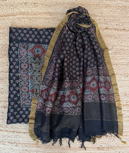 NOOR AJRAKH BUTTA LINEN SILK HANDBLOCK SUIT SET AL-1014