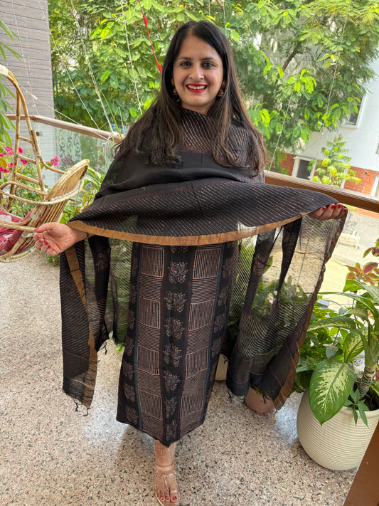 BLACK AJRAKH LINEN SILK HANDBLOCK SUIT SET AL-10301