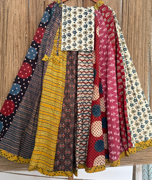 Beige Ajrakh Cotton blouse-with Cotton patchwork handcrafted Ajrakh Cotton Skirt