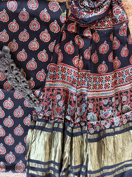 BLACK AJRAKH MODAL SILK HANDBLOCK KURTA SET