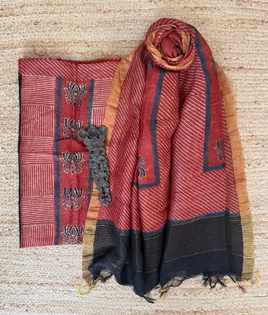 RED DESERT BLOOM AJRAKH LINEN SILK HANDBLOCK SUIT SET AL-1014