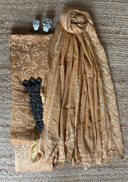 BEIGE GOLDEN COTTON RAI BANDHANI SUIT SET