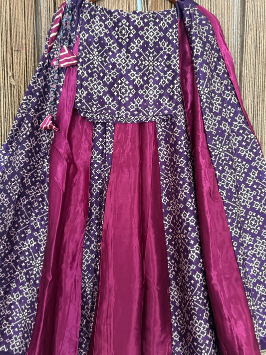 Purple mashru silk blouse-with Multicolour patchwork handcrafted mashru silk Skirt