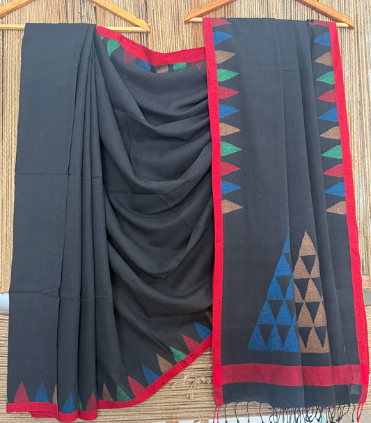 Black handloom cotton needle jamdani wove sari