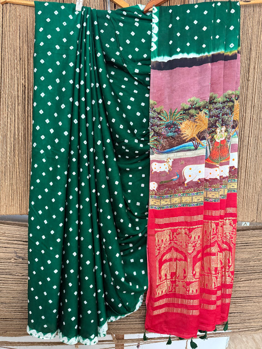 Green & red modal silk bandhani sari with pichwai print bps