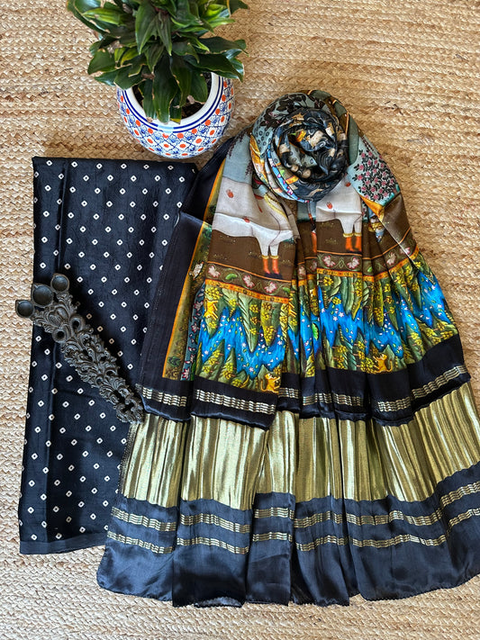 BLACK MASHRU SILK KURTA WITH PATOLA HANDCRAFTED MODAL SILK DUPATTA PS-1077