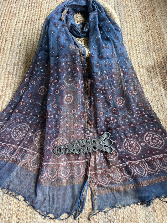 YALE BLUE & MAROON FLOWER PRINT KOTA AJRAK HANDCRAFTED DUPATTA