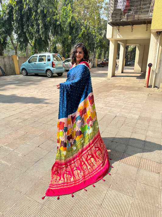 BLUE MODAL SILK BANDHANI  SARI WITH PICHWAI PRINT BPS 7