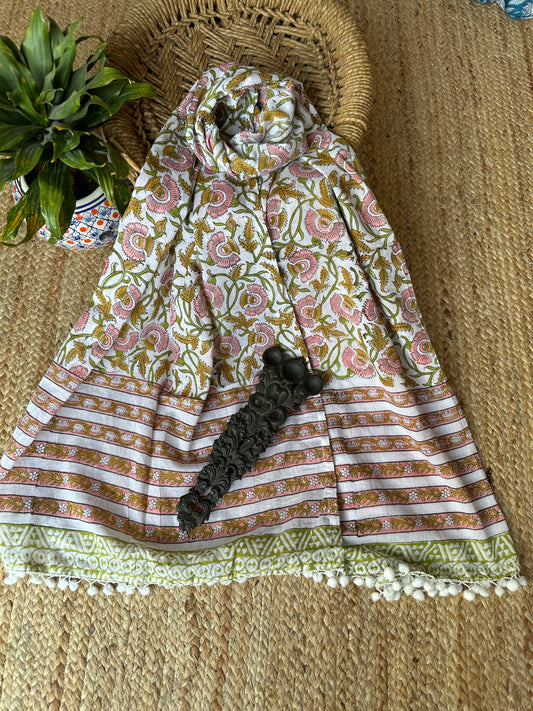 WHITE FLORAL JAAL HANDBLOCK MULL COTTON STOLE