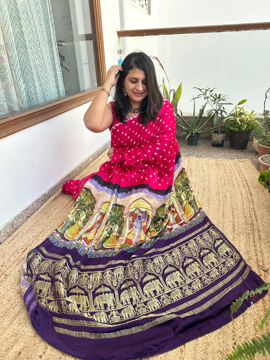 Pink Modal silkBandhani handcrafted with Pichwai Print Sari in Nakshi BORDER BPS 9