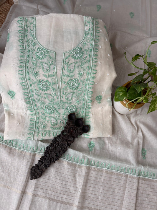 WHITE & BLUE EMBROIDERY PREMIUM MULL CHANDERI LUCKNOWI CHICKENKARI WITH MOTI WORK HAND EMBROIDERY THREE PIECE SUIT