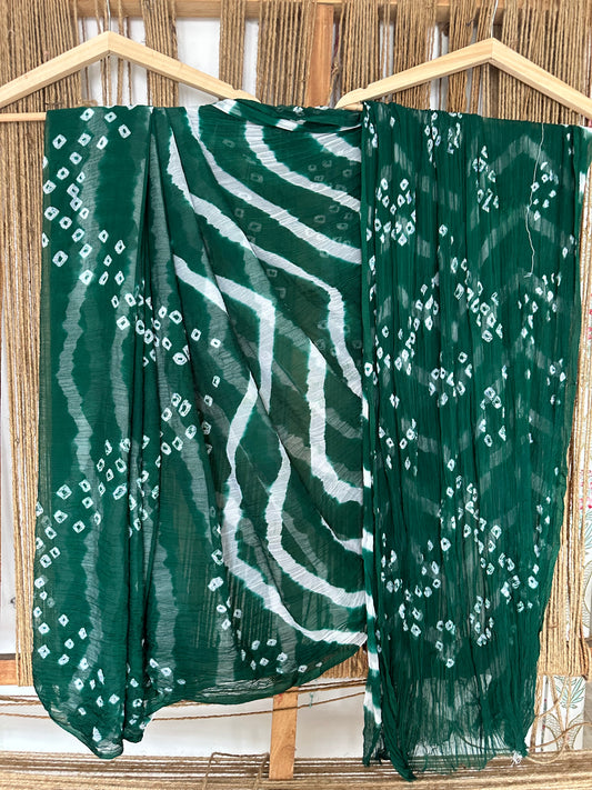 BOTTLE GREEN BANDHANI LEHERIYA HANDCRAFTED CHIFFON SARI CL-30