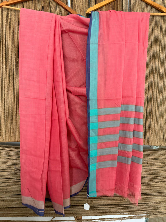 PEACH PINK KOTA DORIA HANDLOOM HANDBLOCK SARI