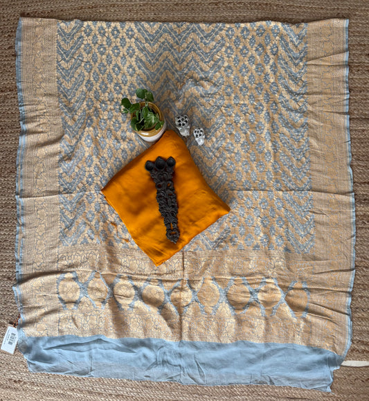 Dusty Blue Handwoven Bareek Bandhani khaddi georgette dupatta with pure Gajji silk kurta