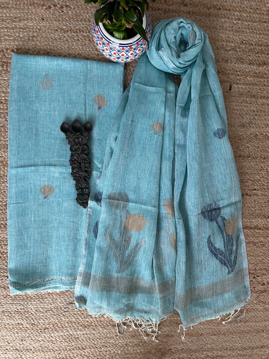 SKY BLUE JAMDANI LINEN KURTA SET LJS-1055