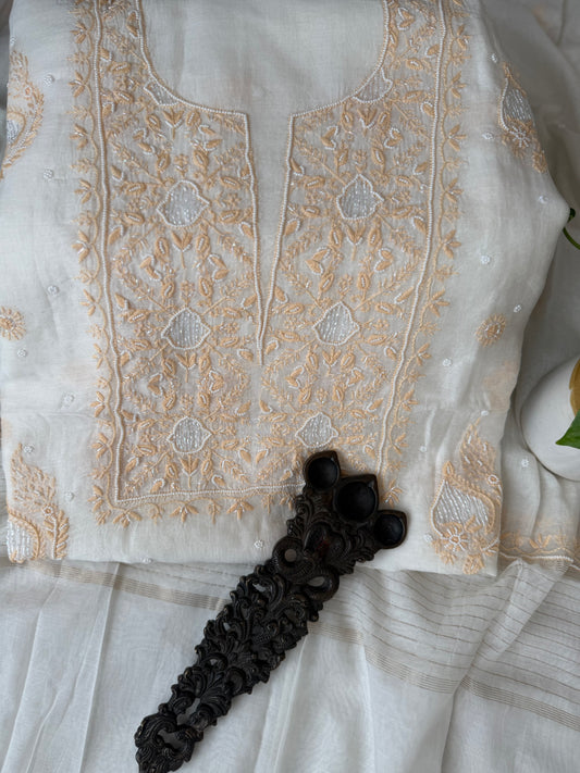 White & peach embroidery premium mull chanderi lucknowi chickenkari with moti work hand embroidery three piece suit