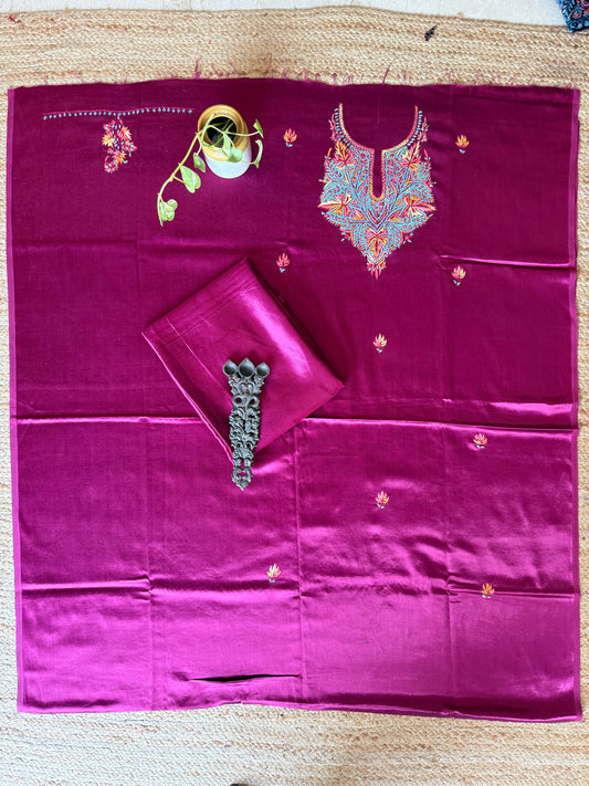 MAGENTA PURPLE MASHRU SILK HAND EMBROIDERY KASHMIRI HANDEMBROIDERY SOZNI WORK CORD SET Cs- 29