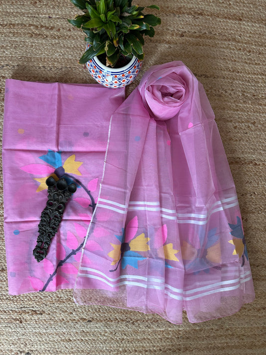 FLAMINGO PINK HANDWOVEN JAMDANI PURE MUSLIN SILK KURTA SET MJK-55