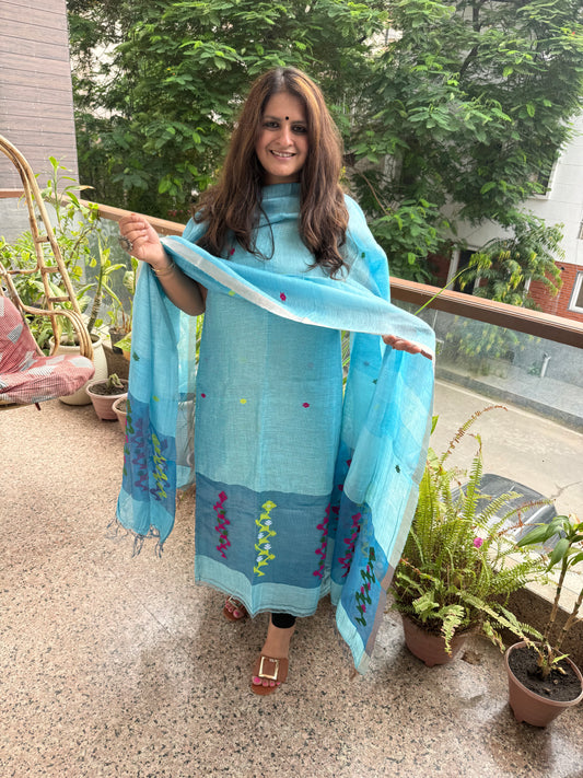 Powder Blue Jamdani Tissue Linen Handwoven kurta set