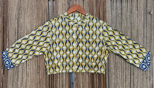 MUSTARD YELLOW & BLUE HANDBLOCK COTTON SILK STITCHED BLOUSE