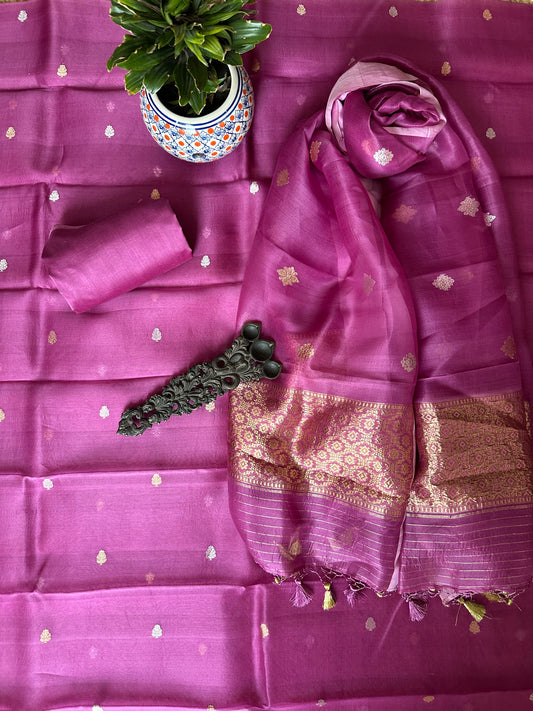 Purple Kora silk certified handloom Banarsi Booti three piece suit