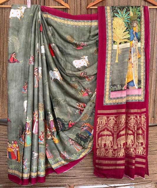 Grey maroon pichwai modal silk patola print sari with zari border pms- 1073