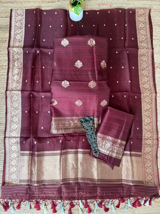 Syrup Brown raw silk certified handloom banarsi kadwa butti with woven zari three piece suit