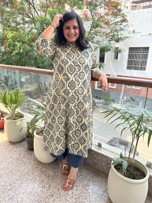 BEIGE COTTON AJRAKH HANDCRAFTED KURTA WITH FRONT OPEN BUTTON