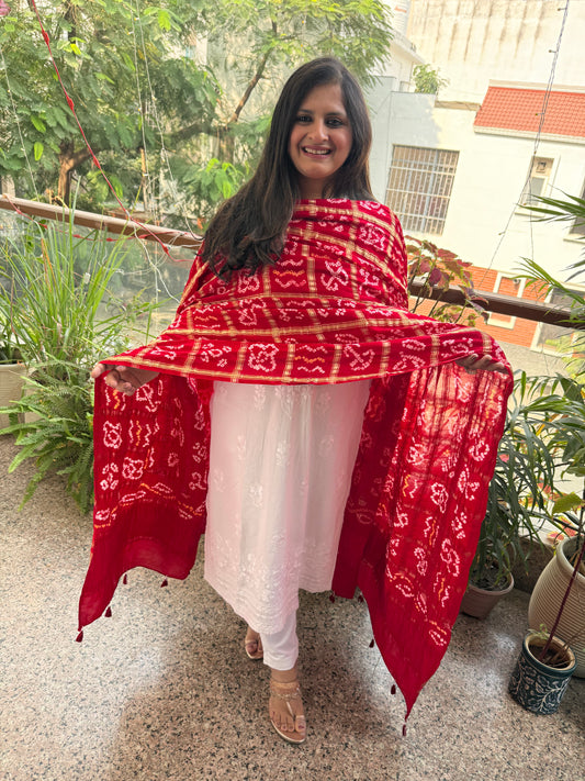 RED BANDHANI GHARCHOLA GAJJI SILK HANDWOVEN DUPATTA