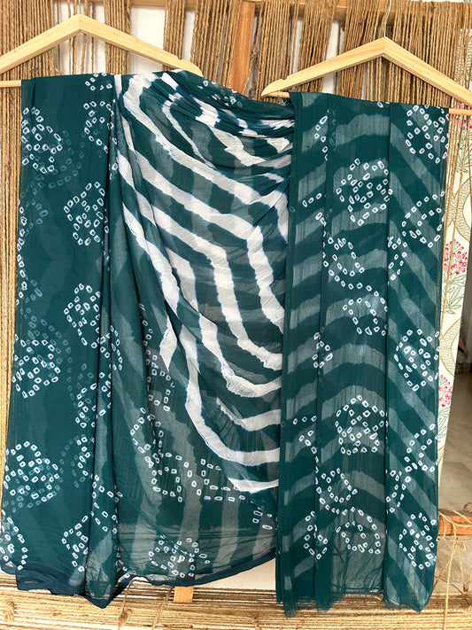 TURQUOISE GREEN LEHERIYA BANDHANI HANDCRAFTED CHIFFON SARI CL-27