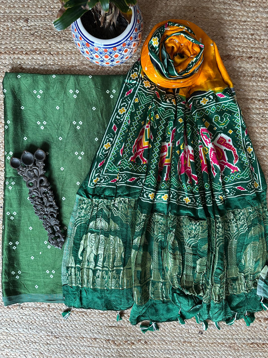 GREEN MASHRU KURTA WITH BANDHANI PATOLA HANDCRAFTED MODAL SILK DUPATTAS PS-10100