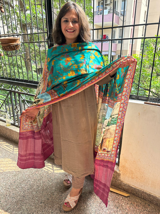 TURQUOISE BLUE PICHWAI PATOLA PRINT MODAL SILK DUPATTA