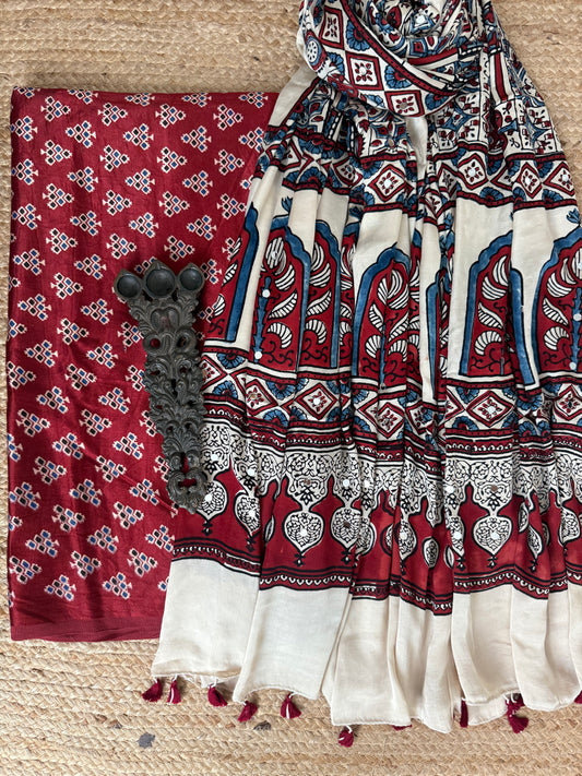 Maroon Mashru Silk Kurta With Cream Beige Ajrakh Handcrafted Mirror Work Modal Silk Dupatta