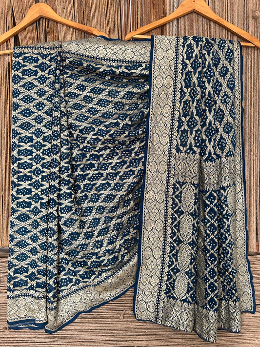 Peacock Blue Handwoven Neem Zari Bareek Bandhani Saree with Khaddi Georgette BS- 5
