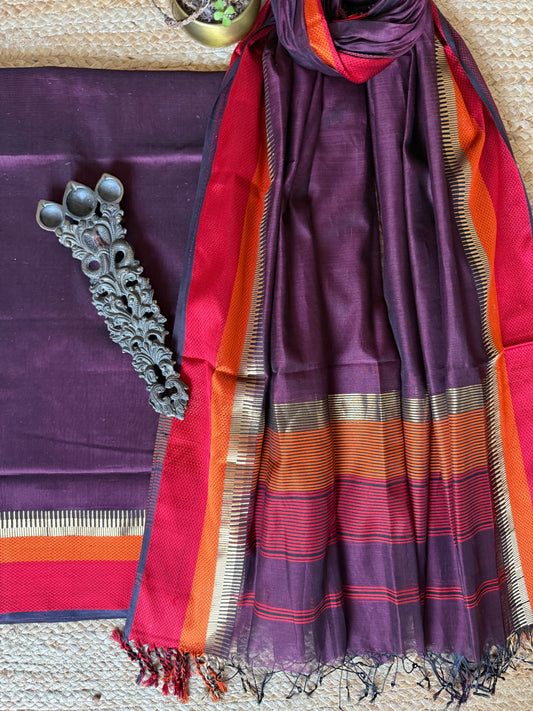 WINE MAROON MAHESHARI BORDER SILK HANDLOOM KURTA SET