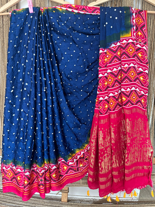 BLUE PINK MODAL SILK BANDHANI SARI WITH PATOLA PRINT