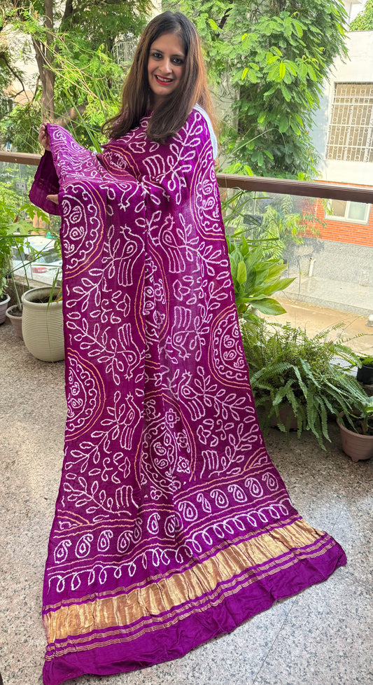 Purple rai bandhani gajji silk Handcrafted Gharchola dupatta