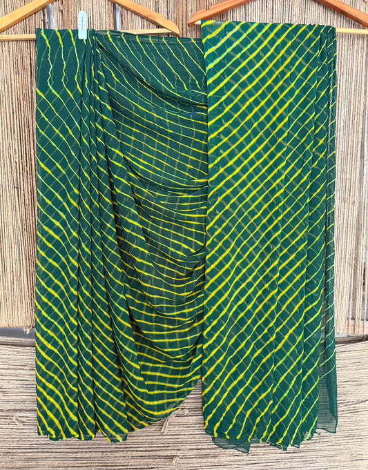 TURQUOISE GREEN MULTI LEHERIYA HANDCRAFTED CHIFFON SARI CL -202