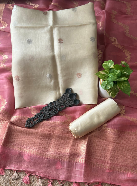 Cream Beige kora handloom banarsi kadwa booti meenakari three piece suit